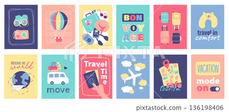Travel cover typography template for posters, prints. Minimalistic banners set with camera, hot air balloon, luggage, bon voyage, suitcases, pillow, world trip, passport, other. Vector illustration. Travel cover typography template for posters, prints. Minimalistic banners set with camera, hot air balloon, luggage, bon voyage, suitcases, pillow, world trip, passport, other. Vector illustration. 136198406