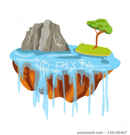 Flying ground island in flat design. Level platform with rocks, tree, pouring water. Vector illustration isolated. 136198407
