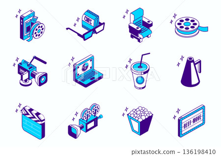 Movie production concept 3d isometric icons set for web isometry design. Collection elements of tickets, filmstrip, glasses, snacks, cinema seat, camera, video at laptop, more. Vector illustration. 136198410