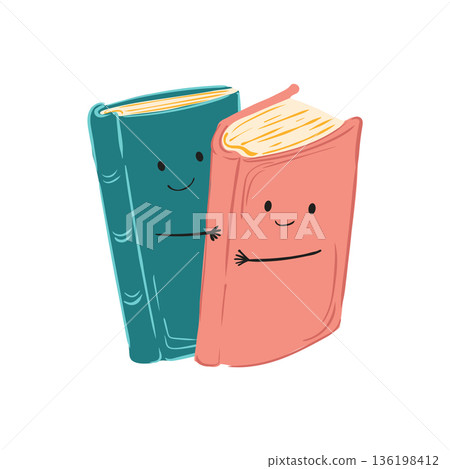 Cute books hugging in flat design. Friendly library characters with faces. Vector illustration isolated. Cute books hugging in flat design. Friendly library characters with faces. Vector illustration isolated. 136198412