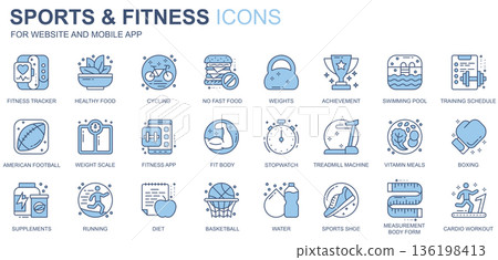 Sport and fitness web icons set in duotone line design. Pack of tracker, healthy food, cycling, no fast food, swimming pool, training schedule, other outline stroke pictograms. Vector illustration 136198413