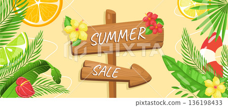 Summer horizontal sale banner. Shopping promotion poster template with signpost directions, hibiscus and calla lily flowers, green lush palm leaves, slices of orange, lemon, lime. Vector illustration. Summer horizontal sale banner. Shopping promotion poster template with signpost directions, hibiscus and calla lily flowers, green lush palm leaves, slices of orange, lemon, lime. Vector illustration. 136198433