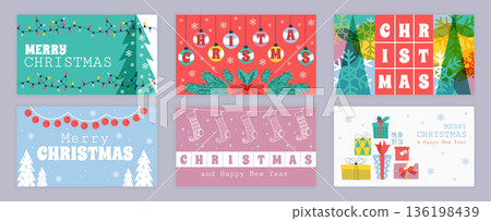 Merry Christmas cover template for social media. Xmas greeting cards with holiday garlands, pine trees, hanging balls, bow fir branches, winter forest, preset socks, gift boxes. Vector illustration. Merry Christmas cover template for social media. Xmas greeting cards with holiday garlands, pine trees, hanging balls, bow fir branches, winter forest, preset socks, gift boxes. Vector illustration. 136198439