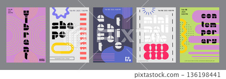 Minimalism geometric poster cover set. A4 banners with brutalism simple forms, line circle fractals, dots grids, abstract shape elements. Modernism art design with Y2K aesthetics. Vector illustration. Minimalism geometric poster cover set. A4 banners with brutalism simple forms, line circle fractals, dots grids, abstract shape elements. Modernism art design with Y2K aesthetics. Vector illustration. 136198441