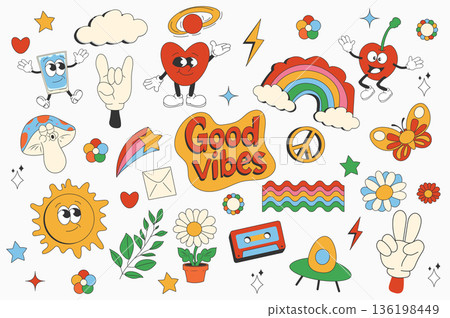 Vintage groovy set elements in flat graphic design. Collection of good vibes, heart, rainbow, cherry, mushroom, cloud, star, peace, daisy, flower, butterfly, other funky mascots. Vector illustration. Vintage groovy set elements in flat graphic design. Collection of good vibes, heart, rainbow, cherry, mushroom, cloud, star, peace, daisy, flower, butterfly, other funky mascots. Vector illustration. 136198449