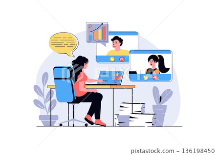 Business meeting web concept with cartoon people design. Man and woman doing work tasks at zoom, make data analysis and discussing presentation. Flat vector illustration isolated on white background. 136198450