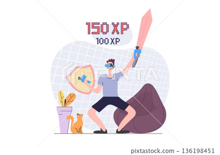 Virtual reality concept in modern flat design for web. Man in VR headset and controllers paying games with game shield and sword in augmented space or metaverse simulation. Vector illustration. 136198451