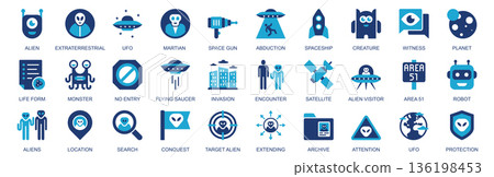 UFO and aliens icon set in flat duotone solid icons web design. Pack pictograms with extraterrestrial, martian, abduction, space gun, spaceship, witness, flying saucer, other. Vector illustration. UFO and aliens icon set in flat duotone solid icons web design. Pack pictograms with extraterrestrial, martian, abduction, space gun, spaceship, witness, flying saucer, other. Vector illustration. 136198453