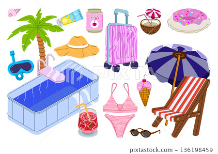 Summer set in flat graphic design. Collection isolated elements of swimming pool, palm, bikini, diving mask, sunscreen, cocktail, lounger by umbrella, ice cream, seashell, other. Vector illustration. Summer set in flat graphic design. Collection isolated elements of swimming pool, palm, bikini, diving mask, sunscreen, cocktail, lounger by umbrella, ice cream, seashell, other. Vector illustration. 136198459