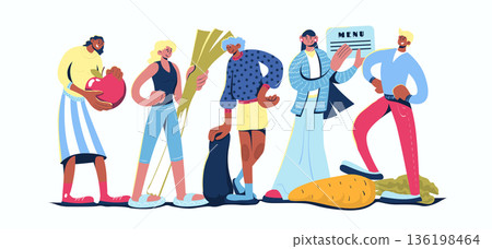Healthy diet concept in cartoon web design. People control nutrition, counting calories, planning menu, eating fresh fruits and vegetables. Flat vector illustration isolated on white background. Healthy diet concept in cartoon web design. People control nutrition, counting calories, planning menu, eating fresh fruits and vegetables. Flat vector illustration isolated on white background. 136198464