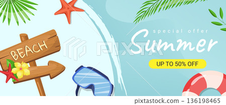 Summer horizontal sale banner. Shopping promotion poster template with tropical palm leaves, hibiscus flower, starfish, diving mask, inflatable simring, beach signpost arrow. Vector illustration. 136198465