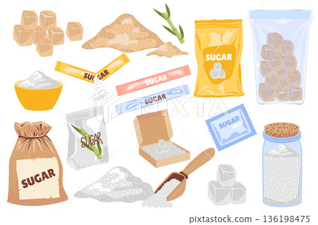 Sugar packs set in flat graphic design. Collection elements of natural brown and white sugar in powder and cubes, sweet sticks, bowl, scoop, bottle, bag, other storage packaging. Vector illustration. Sugar packs set in flat graphic design. Collection elements of natural brown and white sugar in powder and cubes, sweet sticks, bowl, scoop, bottle, bag, other storage packaging. Vector illustration. 136198475