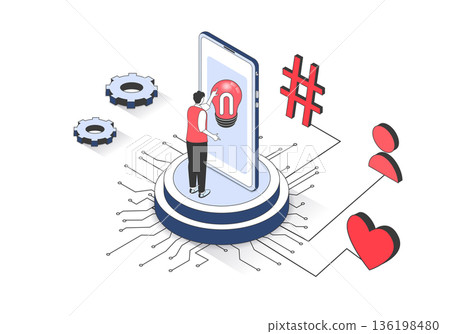 Social media 3d isometric concept with isometry people design for web. Man searching online informaion and news, sending messages in chats, following, likes and commenting posts. Vector illustration. Social media 3d isometric concept with isometry people design for web. Man searching online informaion and news, sending messages in chats, following, likes and commenting posts. Vector illustration. 136198480