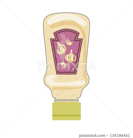 Garlic sauce in bottle in flat design. Hot condiment, cooking relish product. Vector illustration isolated. Garlic sauce in bottle in flat design. Hot condiment, cooking relish product. Vector illustration isolated. 136198481