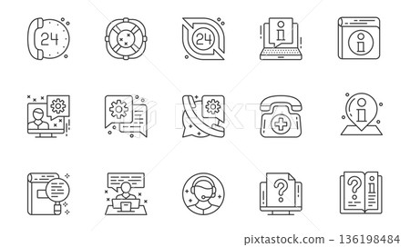 Customer service icons set in outline stroke design for web. Pack line pictograms with client call, information, online assistance, help, message, solution, support chat, other. Vector illustration. 136198484