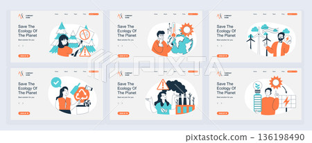Ecology concept of landing page with slide templates set in flat design. Website headers with people stop forest fires, climate changes with warming, using alternative energy. Vector illustrations. Ecology concept of landing page with slide templates set in flat design. Website headers with people stop forest fires, climate changes with warming, using alternative energy. Vector illustrations. 136198490