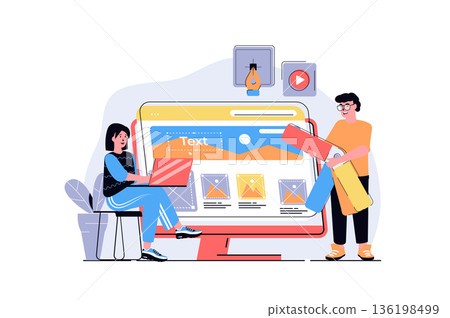 Web design concept with cartoon people design. Man and woman programming and creating site layout with content organization, elements placement. Flat vector illustration isolated on white background. 136198499