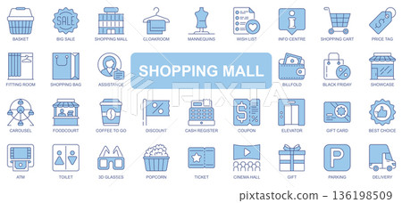 Shopping mall icons set in duotone outline stroke design for web. Pack pictograms of basket, big sale, cloakroom, mannequin, wish list, price, fitting room, black friday, other. Vector illustration. Shopping mall icons set in duotone outline stroke design for web. Pack pictograms of basket, big sale, cloakroom, mannequin, wish list, price, fitting room, black friday, other. Vector illustration. 136198509