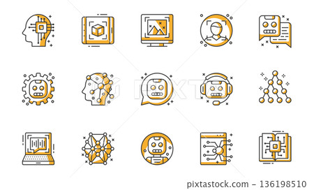 Artificial intelligence icons set in outline stroke design for web. Pack line pictograms with ai, image recognition, face detection, chat with chatbot, machine learning, other. Vector illustration. 136198510