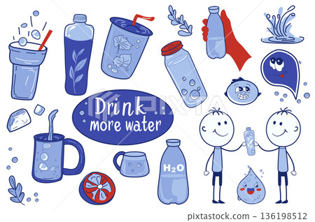 Drinking water stickers set elements in flat graphic design. Collection of fresh blue liquid in cups, bottles, glass with straw, friends drinks beverage, groovy drops, others. Vector illustration. Drinking water stickers set elements in flat graphic design. Collection of fresh blue liquid in cups, bottles, glass with straw, friends drinks beverage, groovy drops, others. Vector illustration. 136198512