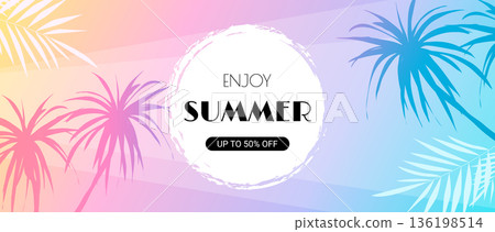 Summer horizontal sale banner. Shopping promotion poster template with retro tropical palm tree silhouettes, pink and blue gradient colours, abstract beach vacation decoration. Vector illustration. 136198514