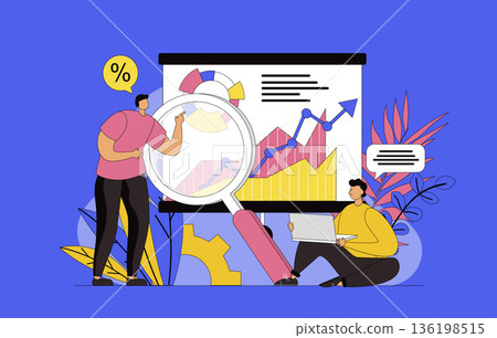 Big data analysis concept with modern flat design for web. Men analyzing statistics, researches graphs and databases, making reports in teamwork, planning and optimizating work. Vector illustration. 136198515