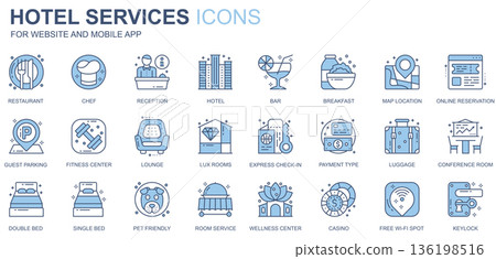 Hotel services web icons set in duotone line design. Pack of restaurant, chef, reception, bar, breakfast, map location, online reservation, guest, other outline stroke pictograms. Vector illustration 136198516