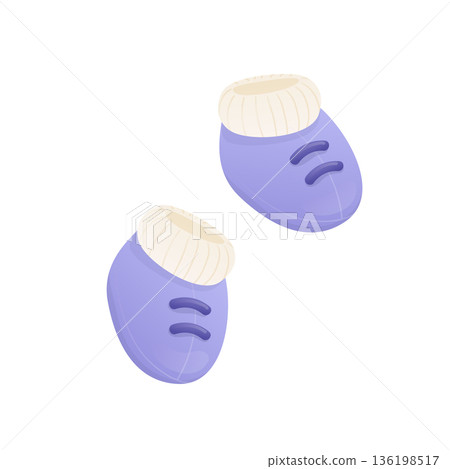 Blue baby booties in flat design. Small knitted shoes for newborn boy. Vector illustration isolated. 136198517