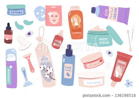 Skincare cosmetic products set in flat graphic design. Collection isolated elements of eye patches, facial mask, hair shampoo, cream tube, body scrub, essential oil, tonic, other. Vector illustration. 136198518