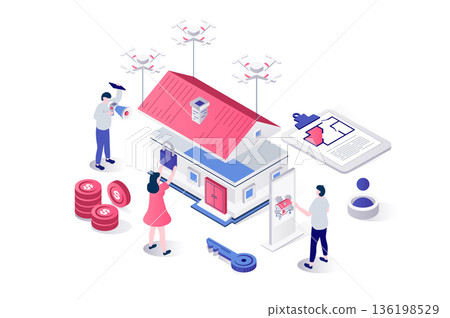 Real estate 3d isometric concept in geometry graphic design for web. People building residential houses, planning architecture projects, investing money in construction industry. Vector illustration. 136198529