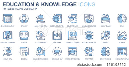 Education and knowledge web icons set in duotone line design. Pack of online, student, back to school, language course, group class, brain, book, other outline stroke pictograms. Vector illustration Education and knowledge web icons set in duotone line design. Pack of online, student, back to school, language course, group class, brain, book, other outline stroke pictograms. Vector illustration 136198532