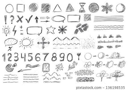 Geometric shapes mega set elements in hand drawn flat graphic design. Bundle objects of circles, squares, triangles, flowers, marks, cross, tick, arrows, speech bubble and other. Vector illustration. 136198535