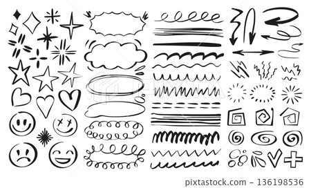 Doodle underline emphasis scribble set of marker brush stroke texture. Handwriting elements with black stars, hearts, emoji, speech bubbles, clouds, curves, arrows, swirls, other. Vector illustration. 136198536