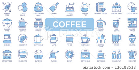 Coffee icons set in duotone outline stroke design for web. Pack pictograms of tree, beans, scoop, grinder, pot, shop, summer cafe, holder, french press, cappuccino, latte, other. Vector illustration. Coffee icons set in duotone outline stroke design for web. Pack pictograms of tree, beans, scoop, grinder, pot, shop, summer cafe, holder, french press, cappuccino, latte, other. Vector illustration. 136198538