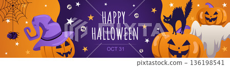 Happy Halloween banner design. Party invitation template with creepy pumpkins with evil smiles and wearing witch hat, black cat, spooky ghost, spider on web, skulls and stars. Vector illustration. Happy Halloween banner design. Party invitation template with creepy pumpkins with evil smiles and wearing witch hat, black cat, spooky ghost, spider on web, skulls and stars. Vector illustration. 136198541