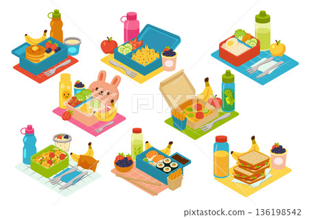 Lunchbox with food set in flat graphic design. Collection isolated elements with different food containers with fruit, vegetable, sushi, pizza, rice, pasta, other homemade meals. Vector illustration. 136198542