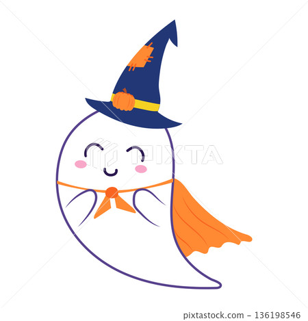 Halloween cute ghost in flat design. Happy spirit in witch hat and cloak. Vector illustration isolated. 136198546