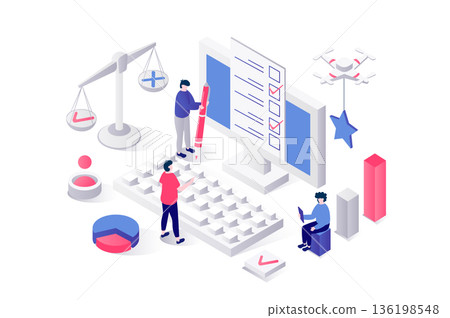 Online survey 3d isometric concept in geometry graphic design for web. People answering in digital questionnaire form, filling checkbox document, marking in test or exam page. Vector illustration. 136198548
