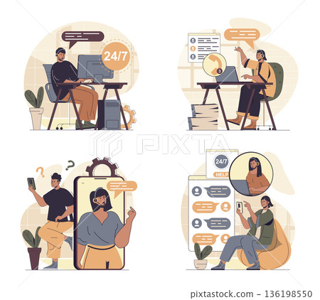 Customer service concept scenes set in flat web design. People in situations of consulting online and solving problems, answering clients calls and messages, chatting online. Vector illustrations. 136198550