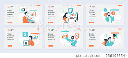 Business concept of landing page with slide templates set in flat design. Website headers with people brainstorming, make analysis, creating strategy, achieving financial goals. Vector illustrations. Business concept of landing page with slide templates set in flat design. Website headers with people brainstorming, make analysis, creating strategy, achieving financial goals. Vector illustrations. 136198554