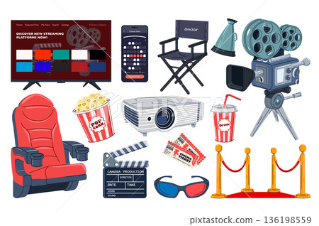 Movie set in flat graphic design. Collection isolated elements of streaming service, online booking tickets, seats, director chair, video camera, cinema armchair, popcorn, other. Vector illustration. 136198559