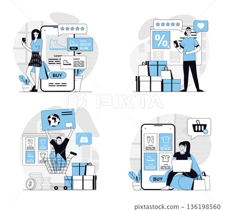 Online shopping concept set in flat design for web. Collection with people choosing new products at internet stores, ordering and paying in mobile apps, using delivery at home. Vector illustrations. 136198560