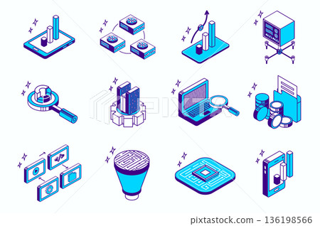 Big data analysis concept 3d isometric icons set for web isometry design. Collection elements of statistics charts, computing hardware system, research, diagram, storage, more. Vector illustration. Big data analysis concept 3d isometric icons set for web isometry design. Collection elements of statistics charts, computing hardware system, research, diagram, storage, more. Vector illustration. 136198566