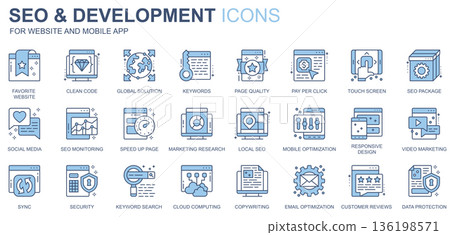 SEO and development web icons set in duotone line design. Pack of clean code, global solution, keywords, page quality, pay per click, social media, other outline stroke pictograms. Vector illustration SEO and development web icons set in duotone line design. Pack of clean code, global solution, keywords, page quality, pay per click, social media, other outline stroke pictograms. Vector illustration 136198571