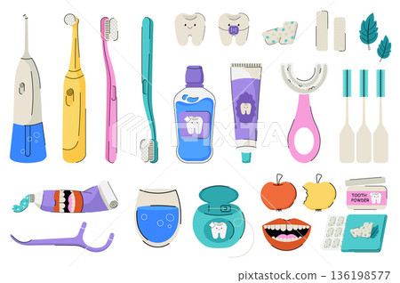 Teeth care tools mega set elements in flat cartoon graphic design. Bundle objects of tooth brushes, chewing gum, whitening strips, mint, toothpaste, dental floss, mouth, other. Vector illustration. 136198577
