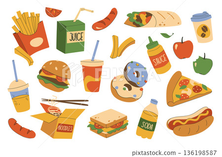 Fast food set in flat graphic design. Collection isolated elements of french fries, juice package, sausage, burrito, coffee cup, soda, burger, cola, donut, pizza, hot dog, other. Vector illustration. Fast food set in flat graphic design. Collection isolated elements of french fries, juice package, sausage, burrito, coffee cup, soda, burger, cola, donut, pizza, hot dog, other. Vector illustration. 136198587