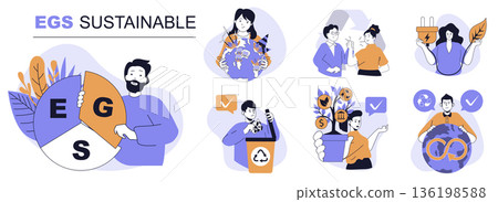 ESG sustainable concept set in flat web design. People in isolated scenes doing responsibility businesses with circular economy, environmental protection and waste recycling. Vector illustrations. 136198588