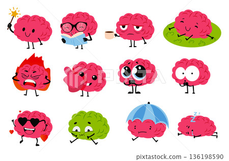 Brain character set in flat cartoon graphic design. Collection isolated elements of cute smart mascot with magic wand, reading book, drinking coffee, relax in grass and other. Vector illustration. 136198590