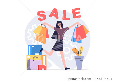 Shopping concept in modern flat design for web. Woman with lot of bags doing purchases at boutiques or stores, ordering products with bargain price offers in seasonal sales. Vector illustration. Shopping concept in modern flat design for web. Woman with lot of bags doing purchases at boutiques or stores, ordering products with bargain price offers in seasonal sales. Vector illustration. 136198595