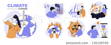 Climate change concept set in flat web design. People in isolated scenes suffering from hot temperature, toxic industry pollution, melting glaciers, wildfire and radiation risk. Vector illustrations. Climate change concept set in flat web design. People in isolated scenes suffering from hot temperature, toxic industry pollution, melting glaciers, wildfire and radiation risk. Vector illustrations. 136198599
